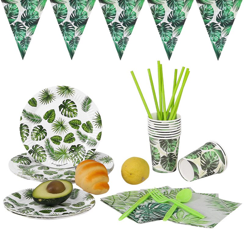 10pc Forest Plants Disposable Tableware Hyphosis Napkins Plates Tropic Hawaiian One 1st Happy Birthday Party Decor Kids Boy Girl