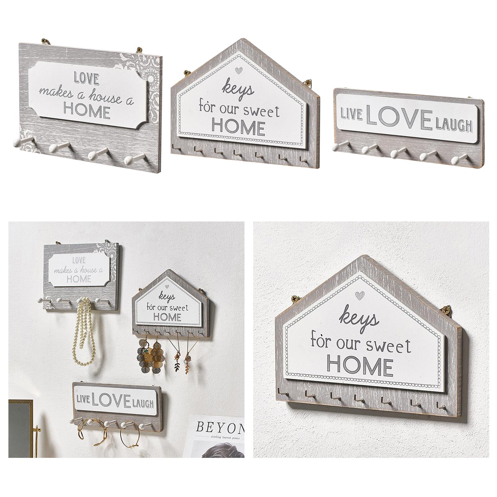 Wall Hanging Home Decor Plaque with Hooks, Wall-Mounted Wooden Sign Board with 4/5/7 Hanging Hooks,for Keys Hat Coat