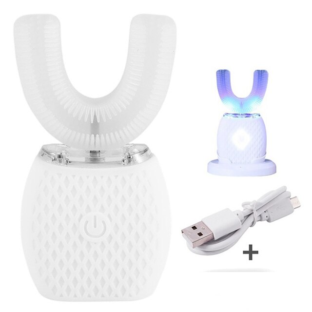 Automatische 360 Graden Sonic Elektrische Tandenborstel U Type Siliconen Tandenborstel Usb Oplaadbare Blauw Licht Tanden Schoner: WHITE