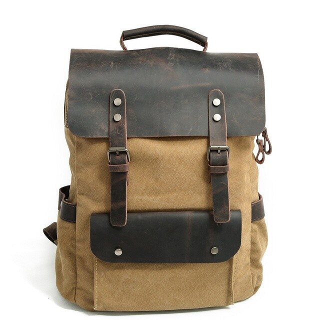 laptop men&#39;s backpack waxed canvas Backpack Vintage Canvas Backpack Leather School Bag Neutral Portable Wearproof Travel Bag: khaki