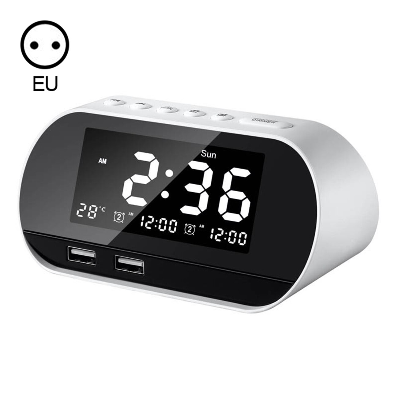 Dual Usb Opladen Wekker Slimme Draadloze Radio Lcd Kalender Kalender Temperatuur Display Voor Slaapkamer Desktop: white EU