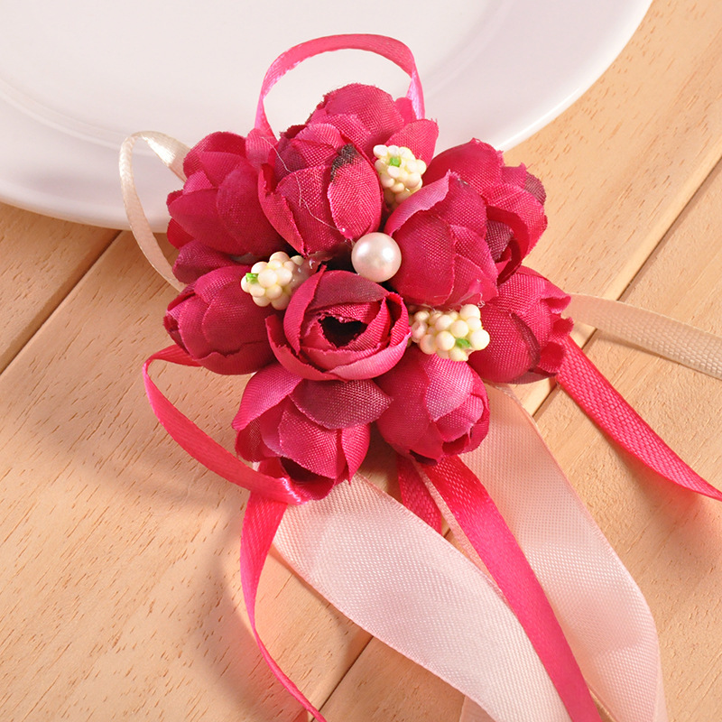 1pc Wrist Flower Rose Silk Ribbon Bride Corsage Hand Decorative Wristband Bracelet Bridesmaid Curtain Band Clip Bouquet: rose
