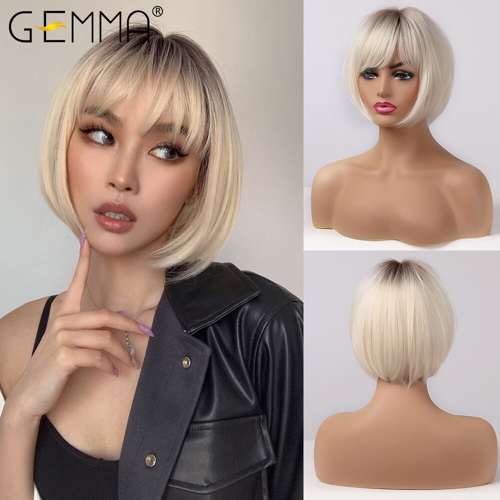 GEMMA – perruques synthétiques Bob courtes et lisses avec frange pour femmes, perruques Afro ombrées noires brunes jaunes blondes, cheveux quotidiens de fête Cosplay: P1b / 27