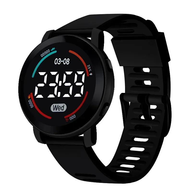 Juvenile Multifunctional Electronic Watch Sports Waterproof Fall Proof Ultra Clear Round Screen LED Digital Clock Reloj Niña: black