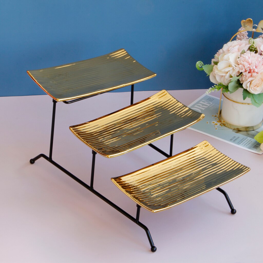 Layer Fruit Plate Cheese Displays Collapsible Rack with 3 Porcelain Serving Platters Tea Snack Tray