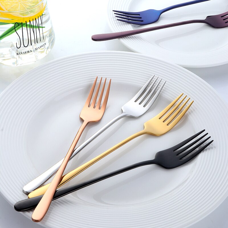 2PCS 18/8 Stainless Steel Dinner Fork Set Korea Colourful Dessert Fork With Long Handle Gold Blue Fork Set for Hotel Party