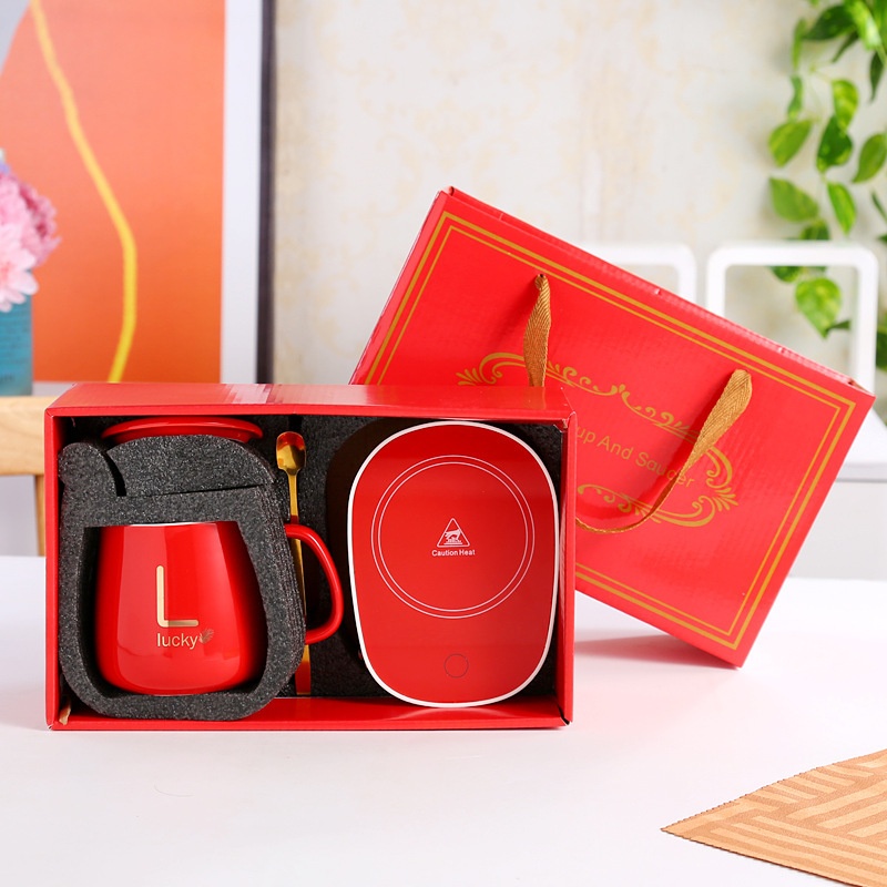 Ceramic Thermostatic Cup with Spoon with Lid Portable Box Set Coffee Cup Mug School Office Convenient and Practical