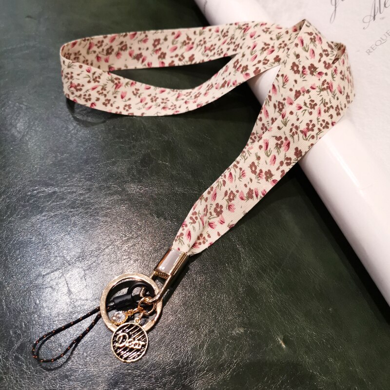 Zomer Bloemenprint Zijde Telefoon Lanyard Riem Voor Iphone Redmi Samsung Camera Mobiele Telefoon Id-kaart Lange Opknoping Touw String: beige