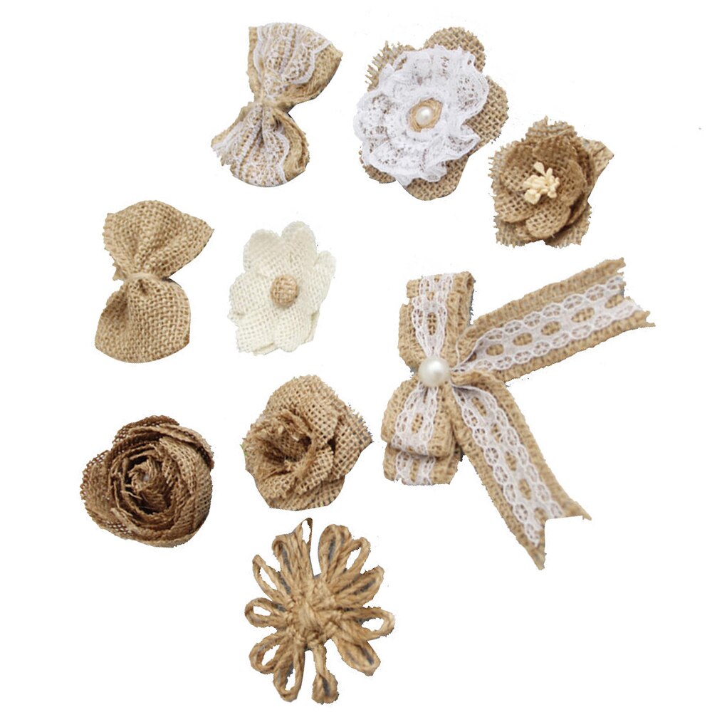 Flor de arpillera de yute hecha a mano, accesorios de ropa DIY, suministros Vintage de boda, decoración de flores, , 9 Uds.