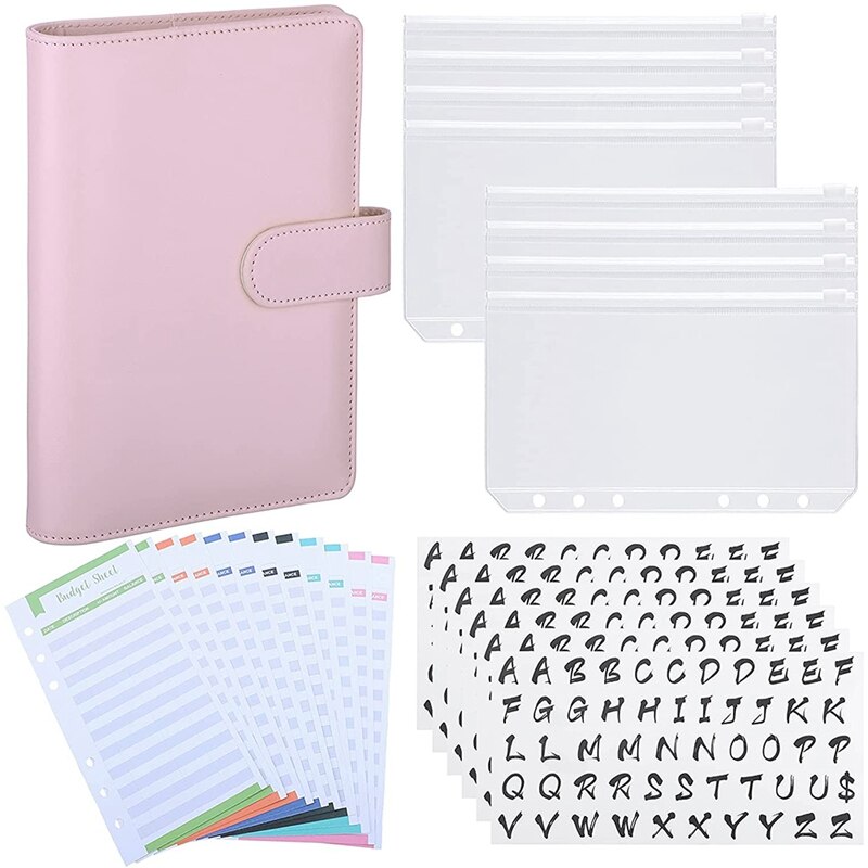 A6 PU Binder Case,with A6 Binder Pockets 12 Expense Budget Sheets Sticker Labels for 26 Categories Ring Budget Binder: Pink