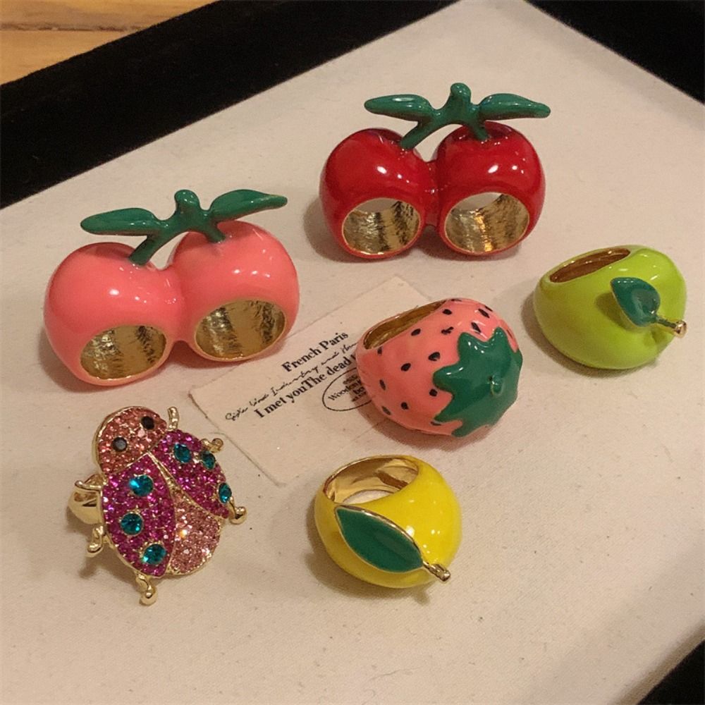 Unique Strawberry Drip Oil Ring Lemon Dripping Oil Painting Ring Korean Style Cherry Fruit Enamel Ring
