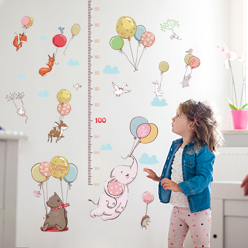 Friendly Cartoon Animals Kids Height Wall Stickers for Baby Rooms Lovely Giraffe Elephant Cats Home Decor PVC Vinyl Wall Decals