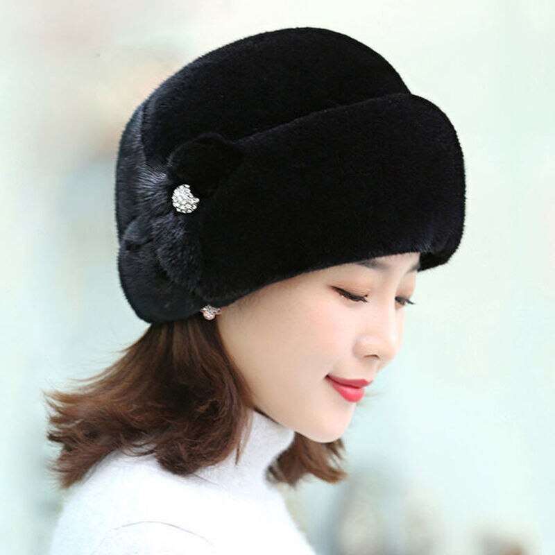 Faux Fur Trimmed Winter Hat for Women Fashionable Outdoor Warm Hats Birthday NIN668: black