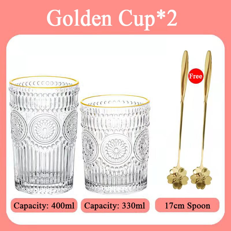 400ml Transparent Glass Water Cup Household Simple Fresh Style Wine Glass Retro Carved Drinking Juice Milk Coffee Beer Glass Cup: G 330ML 400ML Spoon