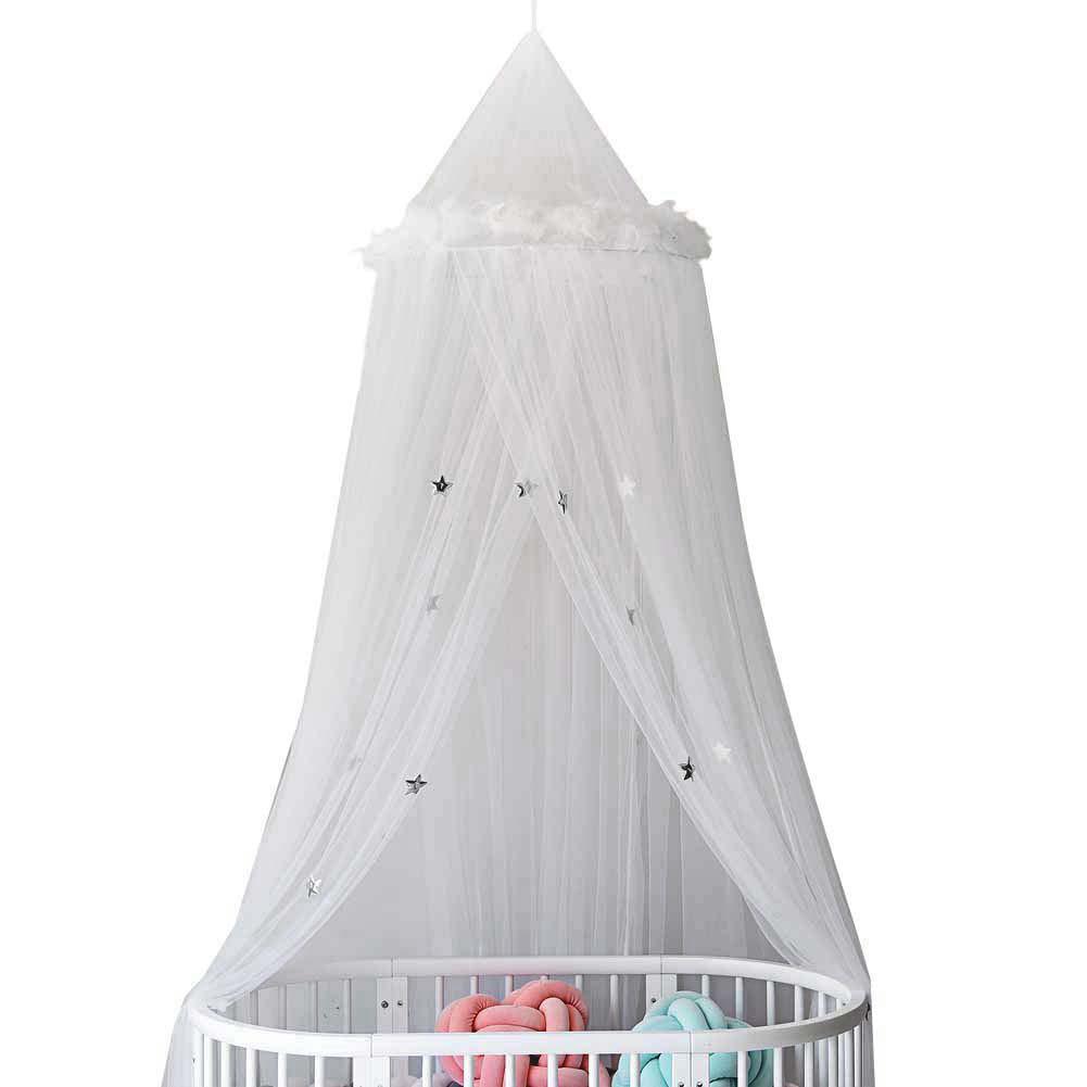 Children's Room Dome Mosquito Net Princess Room Feather Star Decorative Bed Net Free Installation Baby Game Tent: White