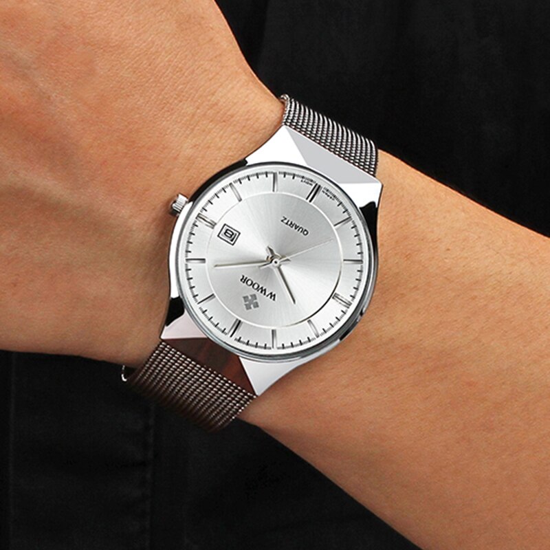 Relojes WWOOR plateados para hombre con malla de acero, superior de lujo, cuarzo ultrafino, resistente al agua, fecha, reloj de pulsera de negocios, caja Montre Homme