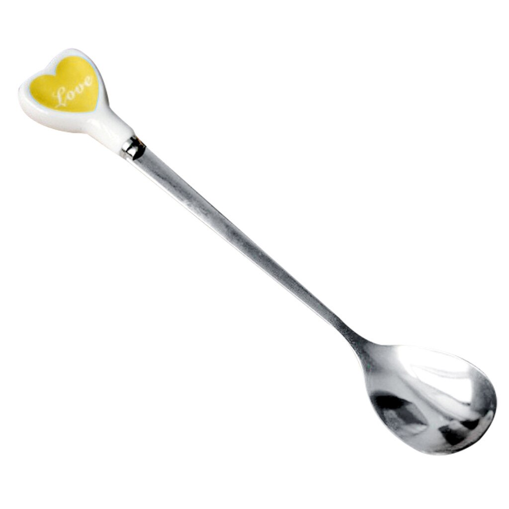 410 Roestvrij Staal Lange Steel Lepel Hartvormige Kleurrijke Lepel Handvat Lepels Bestek Ijs Drinken Gereedschap: YELLOW