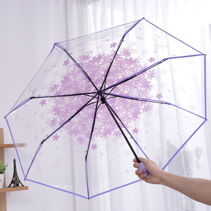 Trefold paraply kvinder gennemsigtig klar kirsebærblomst svamp apollo sakura foldning parasol paraply regn parasol: Lilla