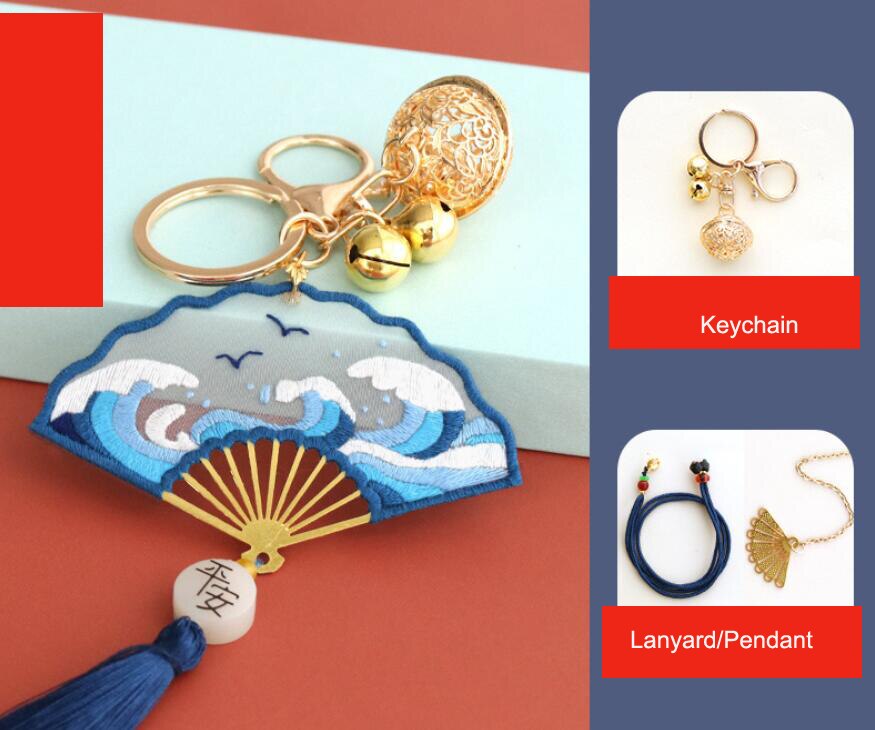 Handmade Diy w kształcie wachlarza zakładki wieszak samochodowy haftowany materiał torba z frędzlami dwustronny haft Ping Fu na prezenty Deco: A477