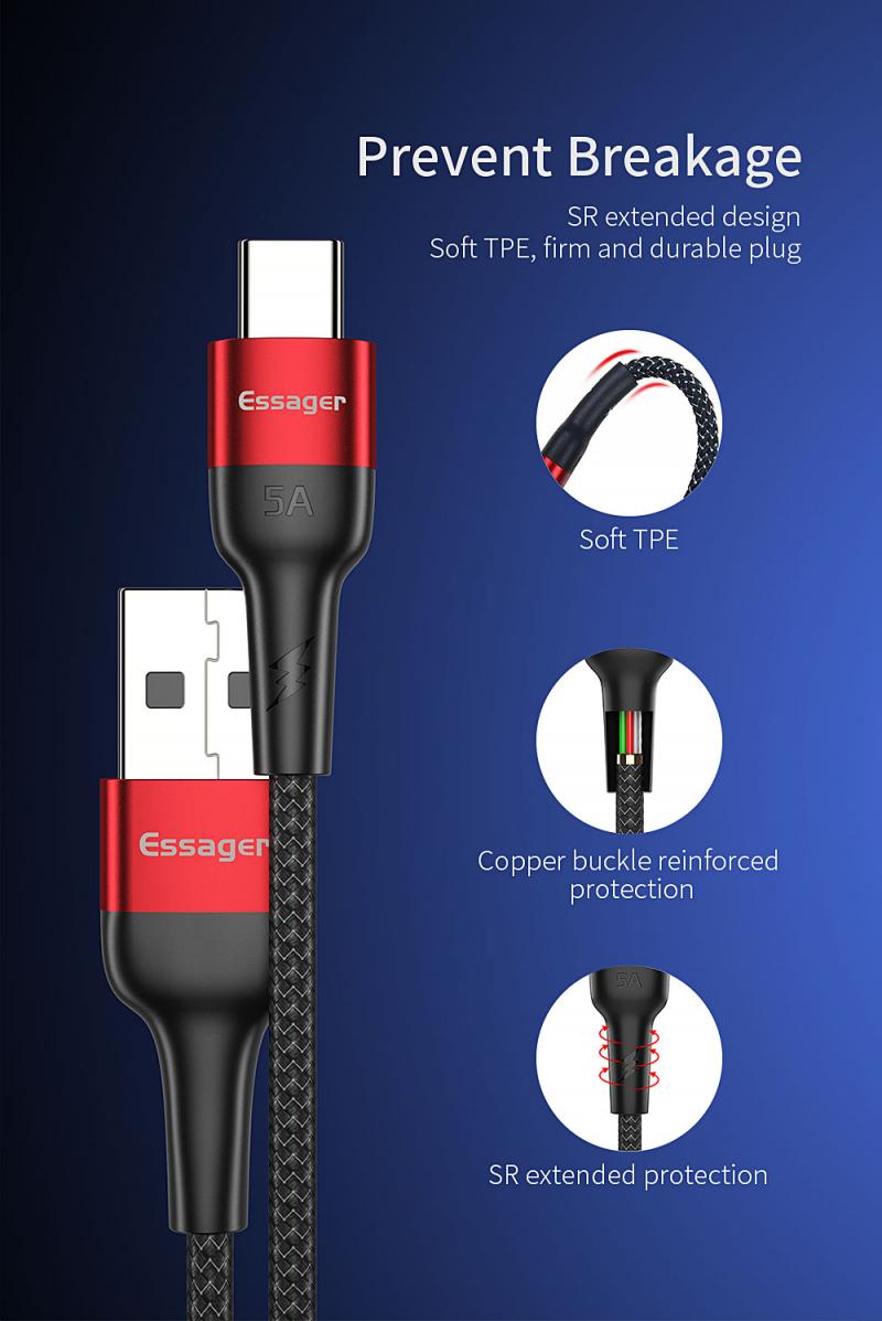 Essager 5A USB Tipo C Cavo Per Huawei Compagno di 30 P30 P20 Pro Lite Sovralimentare USBC Tipo-C Veloce di carico del Caricatore del Cavo del Cavo di USB-C