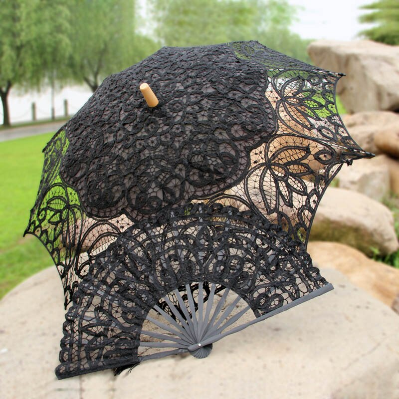 19 eeuw Populaire Steampunk Stijl Handgemaakte Battenburg Kanten Parasol Kant Fan Set Bruiloft Paraplu: A0104 black