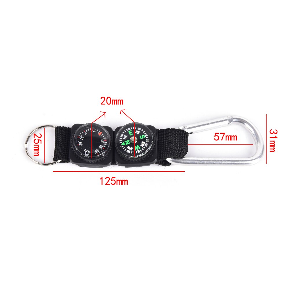 3 in- in-1 multifunctionele kampeer-, klim- en wandelminikarabijnhaak met sleutelhanger, kompas, thermometer, hanger, sleutelhanger, zwart