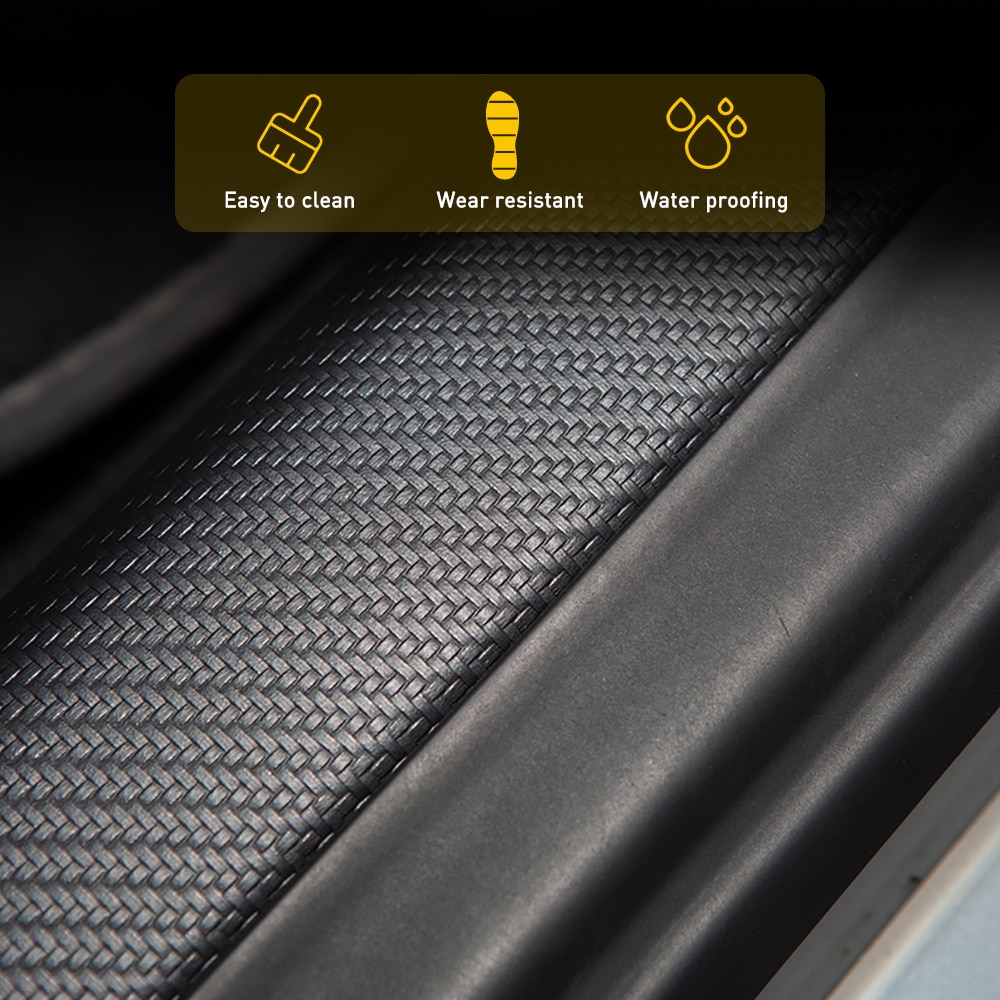 För tesla modell 3 tillbehör skyddande interiör klistermärke bil styling pu läder kolfiber stil dörr tröskel list skrapplatta