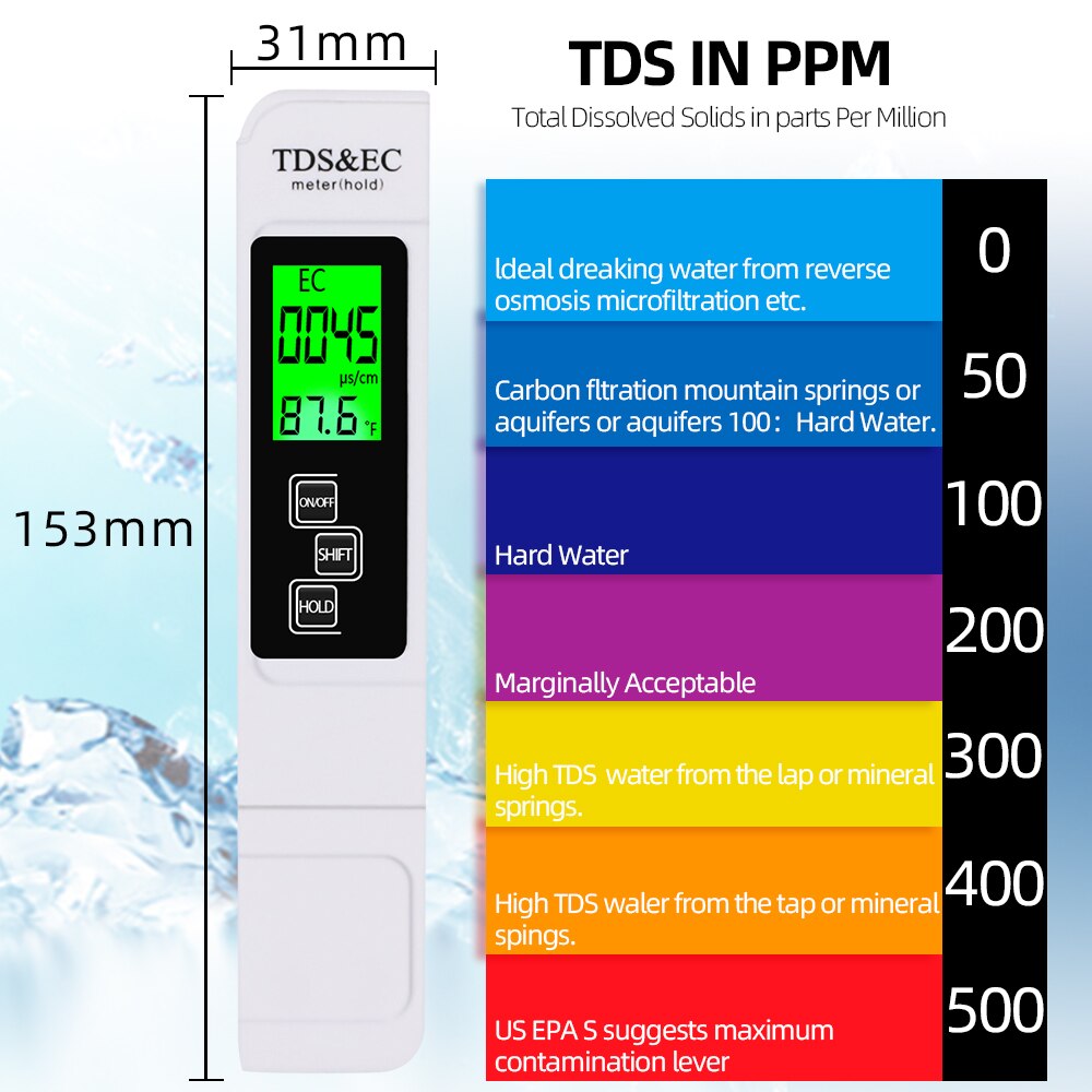 Portable TDS &amp; EC Temp Meter 3 In 1 TDS EC Meter Conductivity Water Measurement Tool with Backlight 0-9999 us/cm