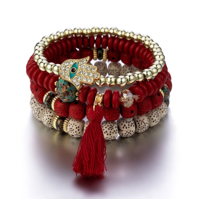 Hight Quailty Retro Multilayer Evil Eye Zircon Beaded Men and Women Tassel Amulet Bracelet Jewelry: Red