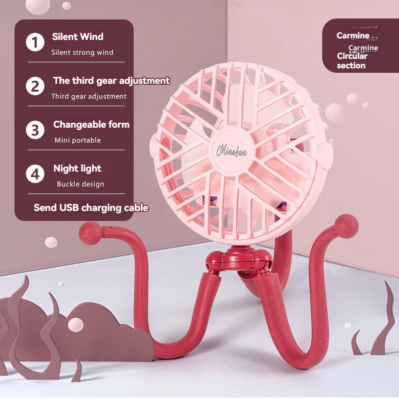 Ventilador eléctrico de pulpo recargable por USB, ventilador para cochecito, cuna, ventilador pequeño silencioso portátil: Rosa