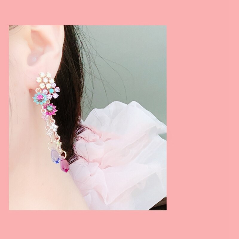 Korean Shiny Crystal Colorful Flower Earrings For Women Party Dangle Pendientes Jewelry