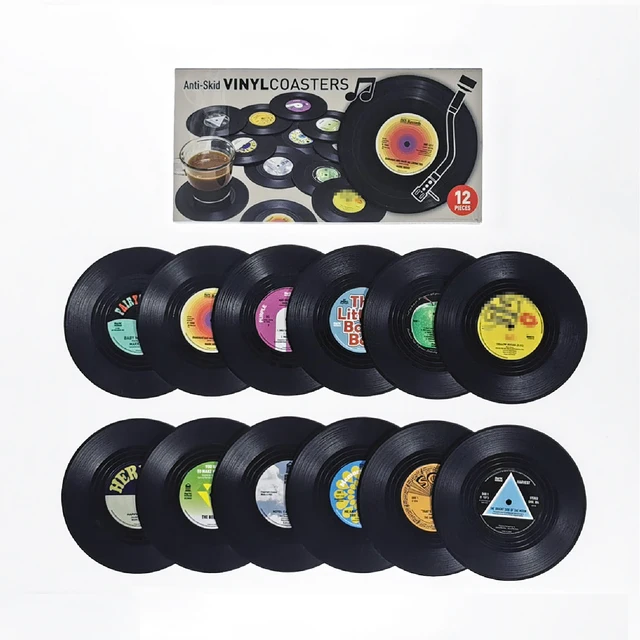 Posavasos de música de vinilo, juego de 6 con soporte para tocadiscos, posavasos de disco de registro Retro, alfombrilla creativa: Azul