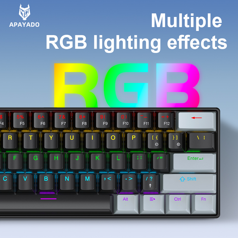 APAYADO K61 Teclado mecánico para juegos con cable al 60%, mini de 61 teclas, retroiluminado RGB, interruptor rojo/azul, portátil para PC y portátil