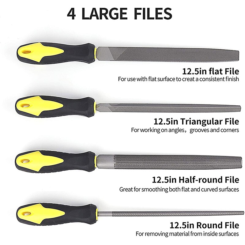 19Pcs File Set, 4 Flat/Half-Round/Round Files Tool, 14 Files Set with 1 Brush for Woodwork Metal Applications