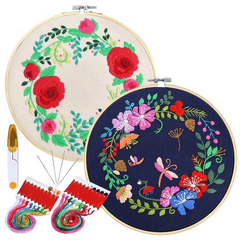 2 Sets Full Range of Embroidery Starter Kit Including Embroidery Clothes with Pattern Hoops, Color Threads and Tools