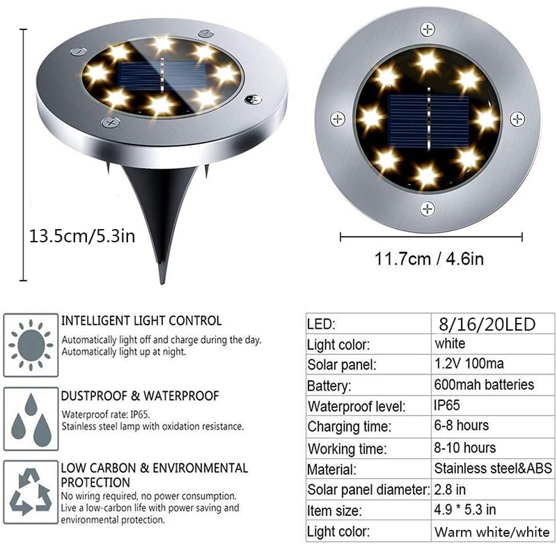 8 stk solcelle sti lys solenergi disk lys gang gulv lys underjordiske lamper udendørs have landskab have græsplæne lampe