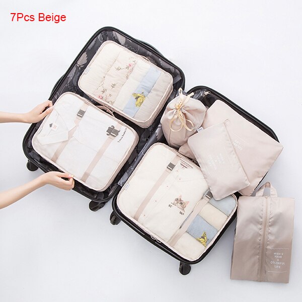 Mihawk Travel Bags Sets Waterproof Packing Cube Portable Clothing Sorting Organizer Luggage Tote System Durable Tidy Pouch Stuff: 7Pcs Beige