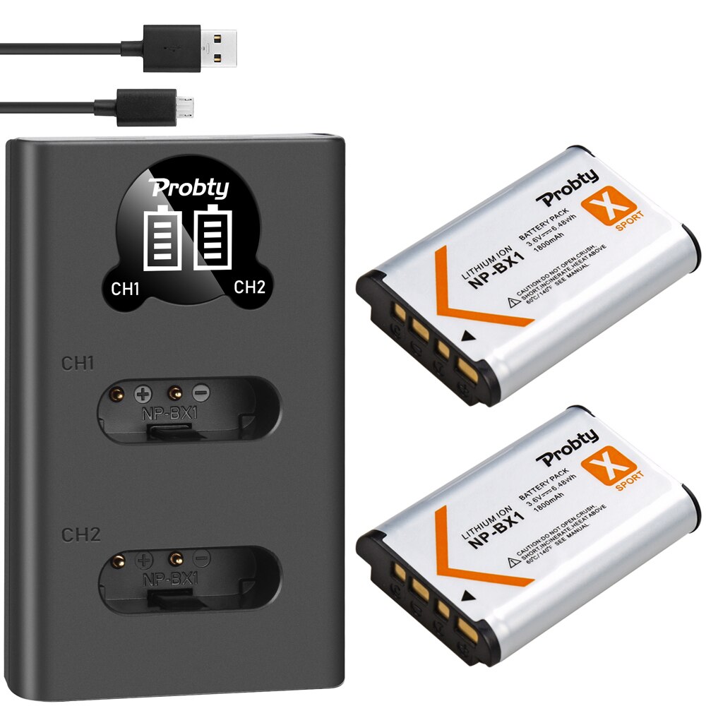 Batería y cargador USB LED para ordenador portátil, dispositivo de carga de 1800mAh NP-BX1 NP BX1 Bx1 con tipo C para Sony DSC-RX100 WX500 HX300 WX300 AS30V AS300 M3 M2 HX60: 2BatteryWith1Charger