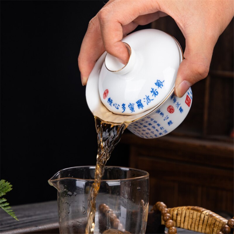 Porcelain Prajna Paramita, Multi-Heart Sutra Sancai Covered Bowl, White Porcelain Kung Fu Tea Set, Tea Cup Tea Bowl 150ml