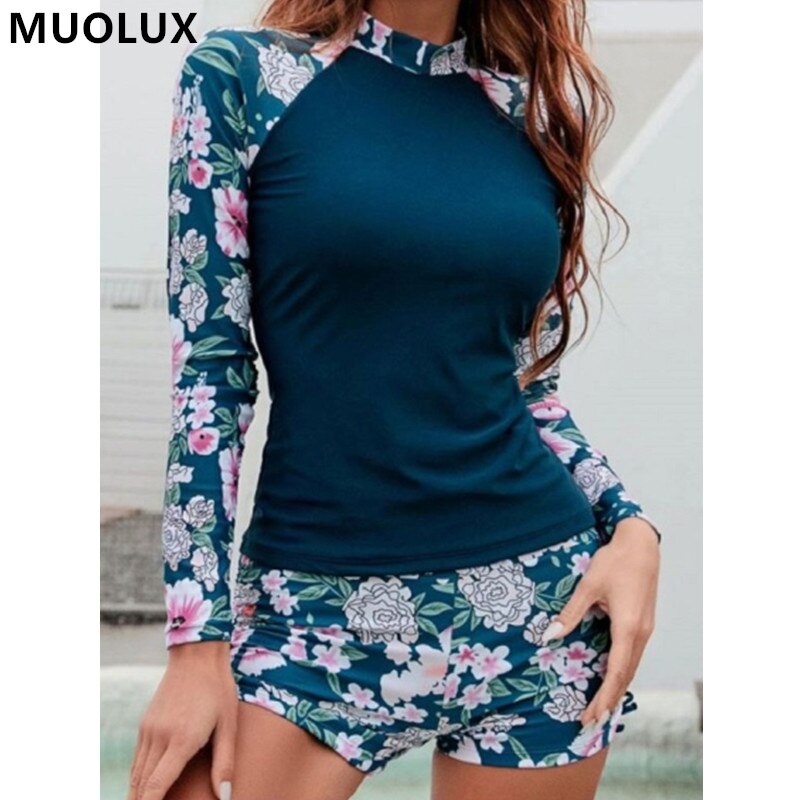 Ruash Gard Swimsuit 2022 Long Sleeve Swimwear Women 2 Piece Swimsuit Sport Florial Print Back Zipper Bathing Suit Beach Wear