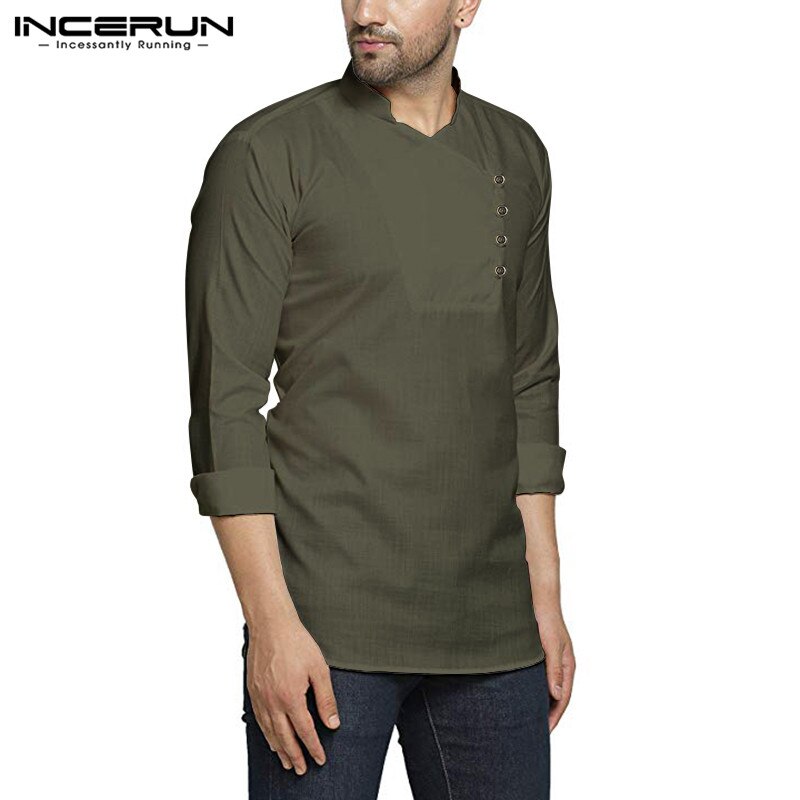 Män vintage skjorta långärmad indiska kläder stativ krage streetwear muslimska toppar solida fritidsskjortor kurtas incerun s -5xl