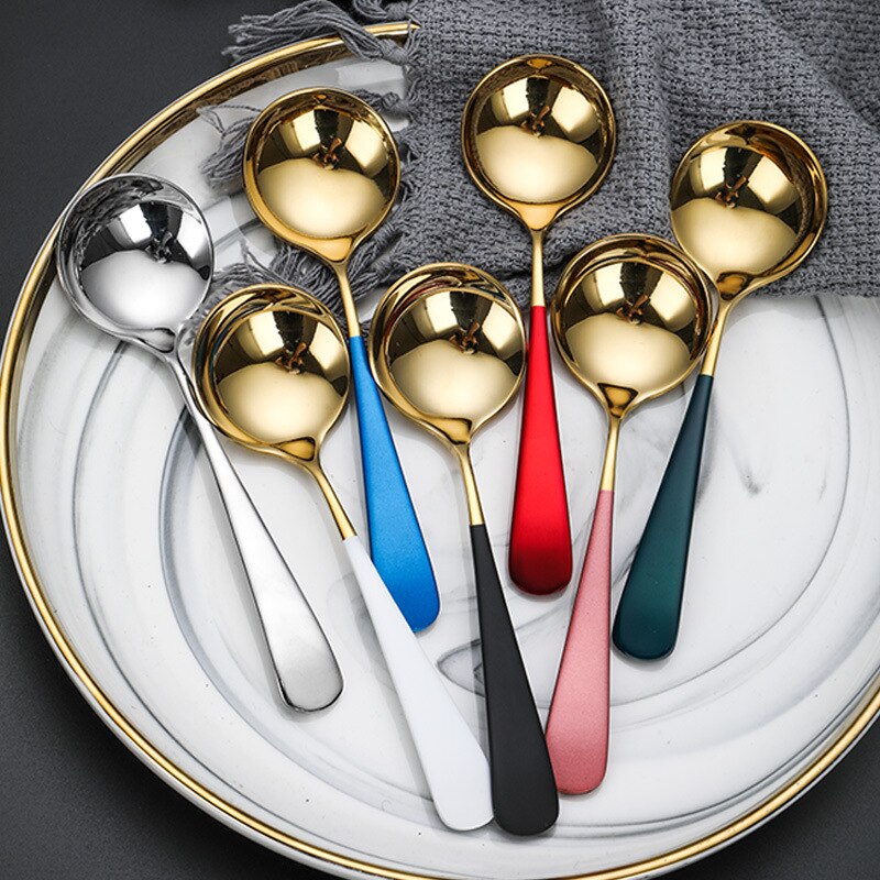 1pc Stainless Steel Round Head Spoon Long Handle Coffee Ice Cream Desserts Spoons Beautiful Tableware Housewares Kitchen