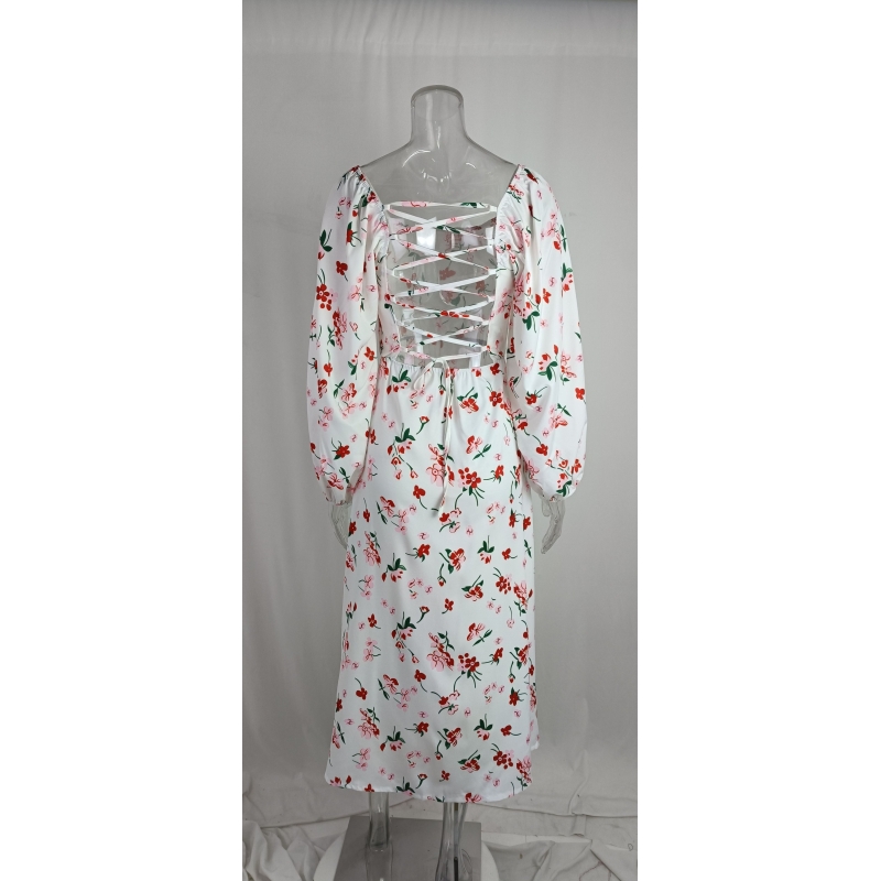 Sexede kjoler til kvinder, lange ærmer, åben ryg, sommer, blomsterprint, snørebånd, udhulet, slidt kjole, damekåbe, s-xxxl