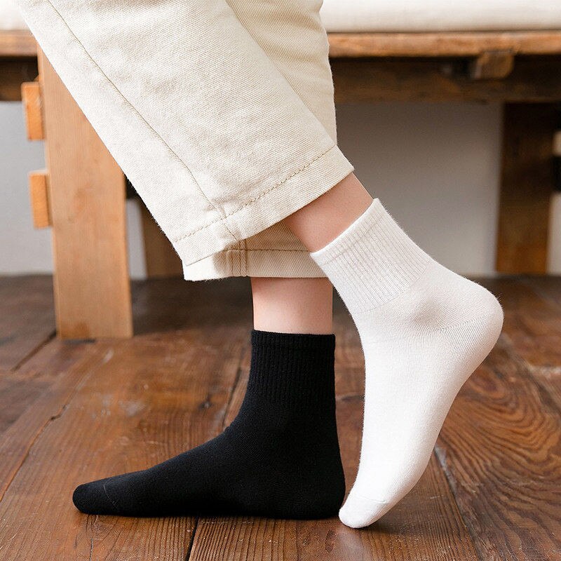 Calcetines clásicos de algodón 95% para mujer y hombre, medias largas y cortas de Color sólido, Color blanco y negro, 10 par/paquete