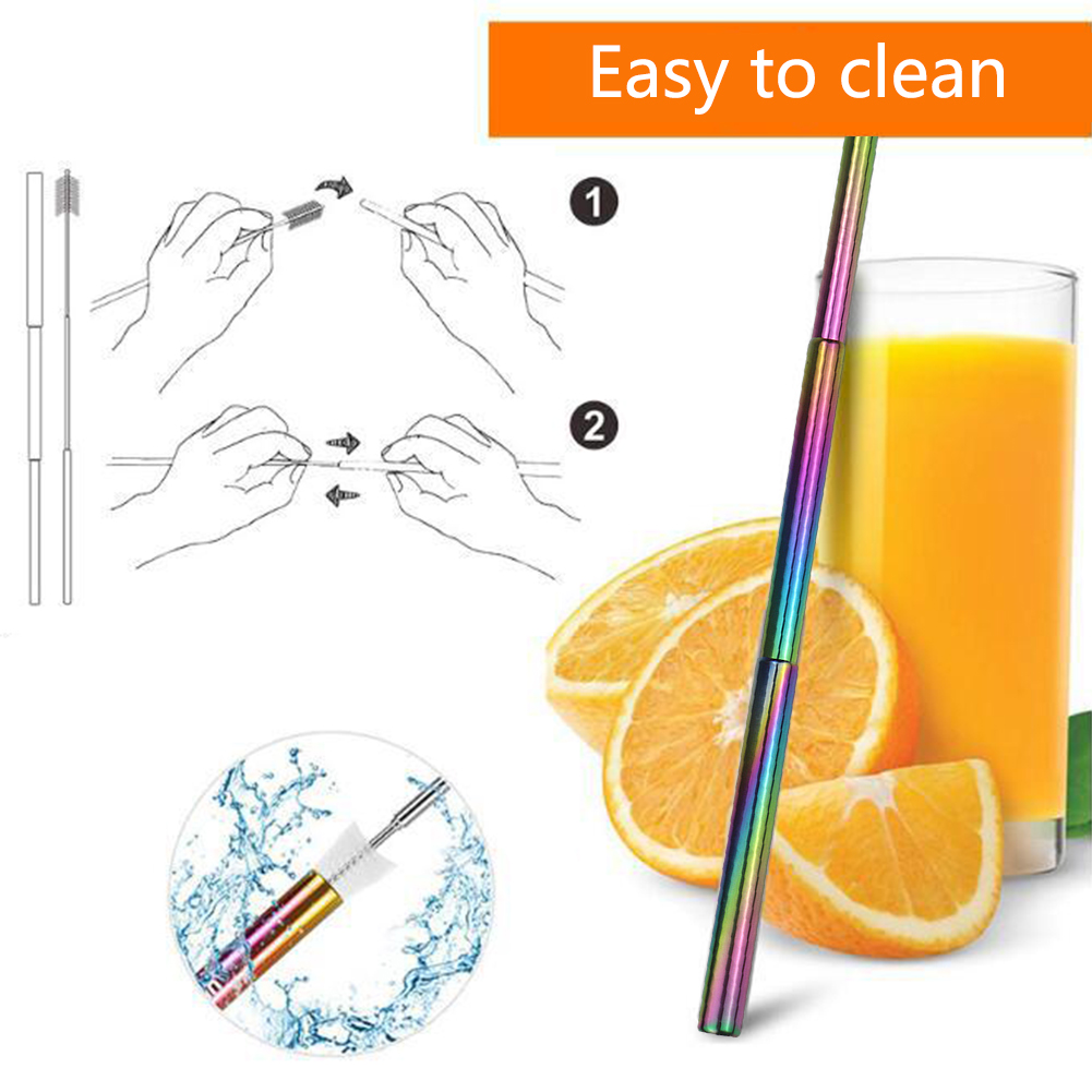 Reusable Stainless Steel Straws with Aluminium Keychain Case Cleaning Brush Collapsible Telescopic Portable Drinking Straws