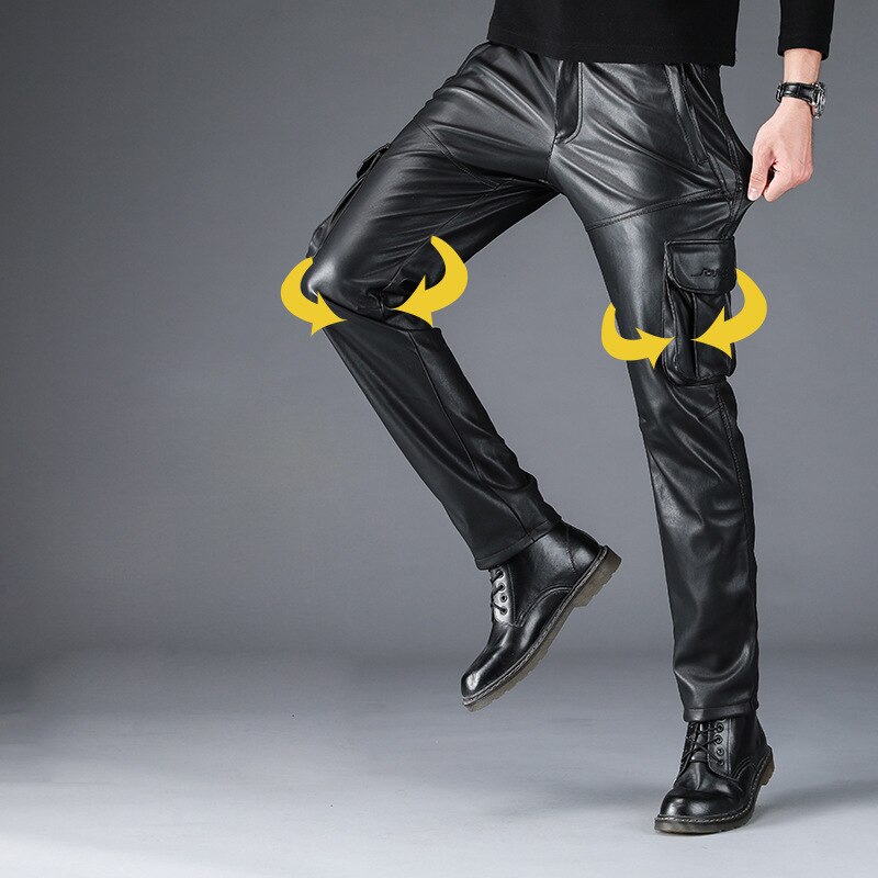 Mannen Pu Lederen Cargo Broek Motorfiets Biker Lederen Broek Zwart Elastische Straight Fit Lederen Broek Voor Mannelijke