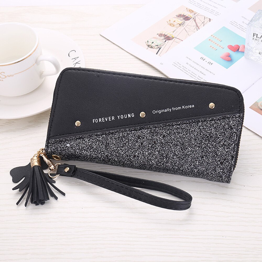 Lovertjes Patchwork Glitter Wallet Voor Vrouwen Lange Pu Lederen Portemonnee Clutch Vrouwelijke Grote Capcity Portefeuilles: Black