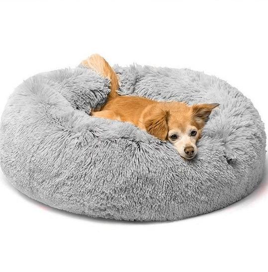 SEGAWE Grey Shaggy Fluffy Donut Pet Bed – 30x30 Round Cuddler Cushion For Dogs & Cats