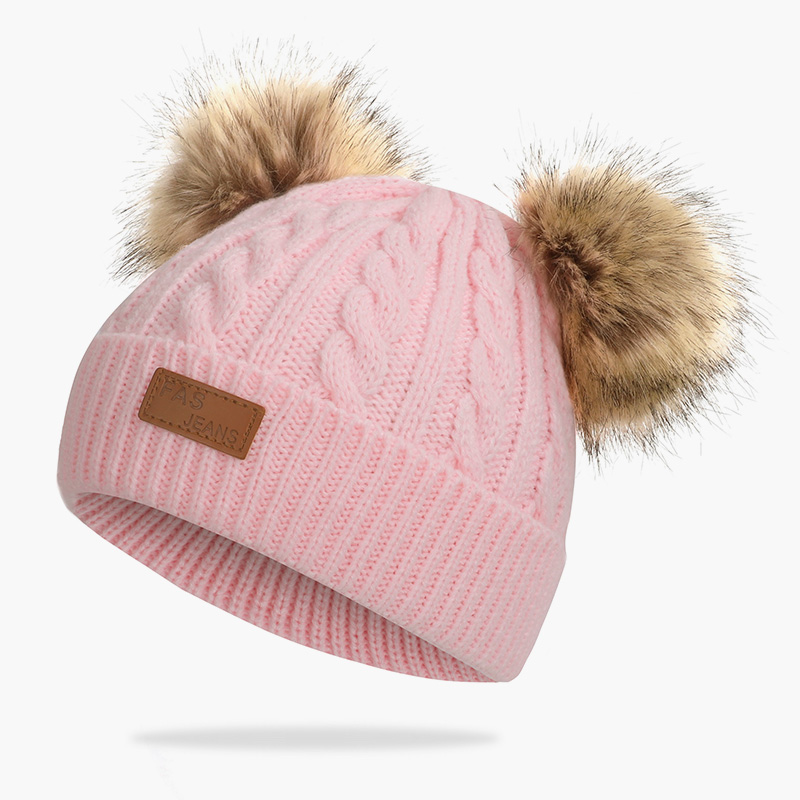 Cute baby child winter cotton hat outdoor leisure hair ball knit hat boy girl label thickening comfortable baby hat: Light Pink