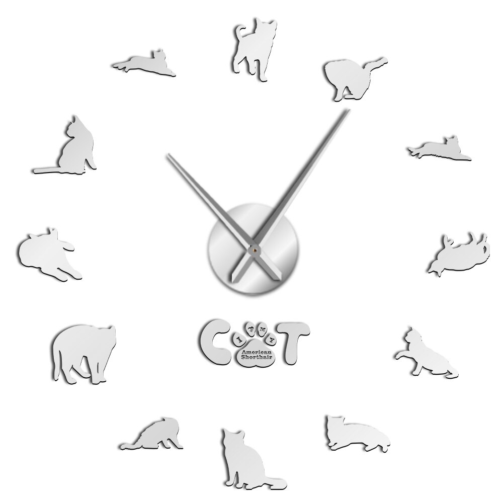 Amerikaanse Korthaar Kat Rassen Met Spiegel Numbers Stickers Wall Art Klok Horloge Kitty Dieren 3D Diy Acryl Wandklok: Silver / 47inch
